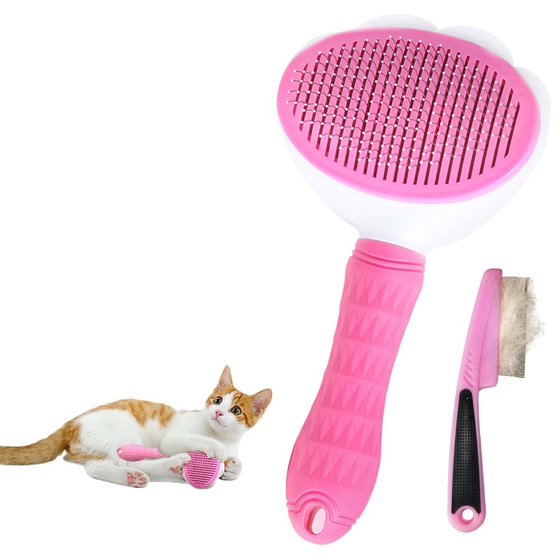 Cat Brush for Grooming, Pet Self Cleaning Slicker Brush with Cat Hair Comb (PINK PLUS) PINK PLUS