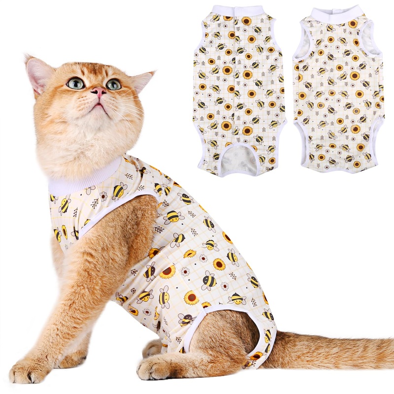 Cat Surgery Recovery Suit Cats Surgical Onesie After Surgery Female Male Cat Post Spay Neuter Bodysuit Anti-Licking Wounds Cat Cone Alternative Yellow Bee/S S(Back Length:9.6″/24cm; Chest:12.8″/33cm)