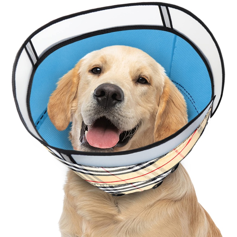 Dog Cone Collar for After Surgery, Soft Pet Recovery Collar for Dogs and Cats, Adjustable Cone Collar Protective Collar for Large Medium Small Dogs Wound Healing (Brown Plaid, Large)