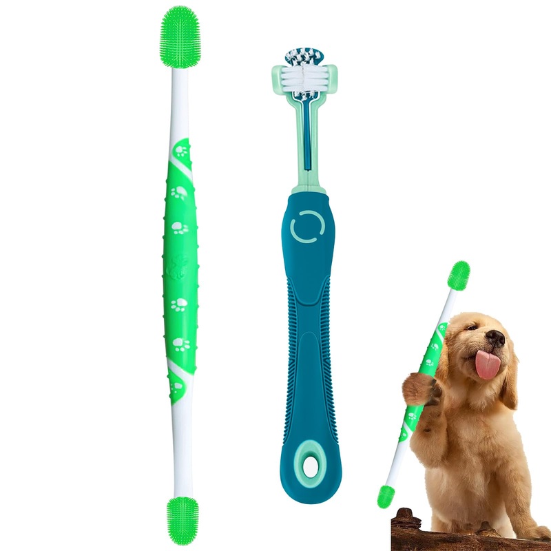 Dog Toothbrush 2PCS Dog Tooth Brush Three Sided Dog Tooth Brush Dual Head Toothbrush for Dogs, Soft Bristles Dog Tooth Brushing Kit Silicone 360 Degree Pet Toothbrush for Puppy Cat Dog Teeth Clean Green