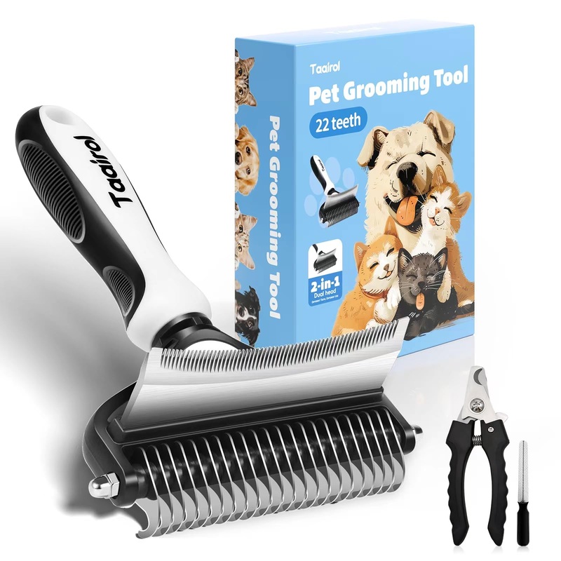 Extra Wide Undercoat Rake for Dogs and Cats, Pet Grooming Brush with Nail Clipper to Remove Loose Fur, Professional Dematting & Deshedding Comb for Tangled Hair (Large) Large