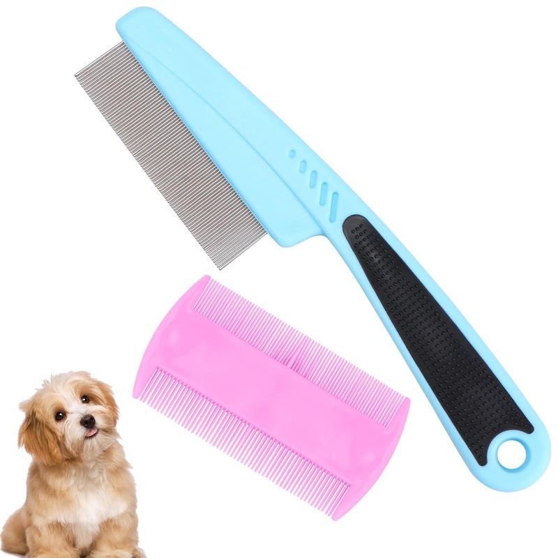 Flea Comb for Dogs and Cats, 2 Pcs Stainless Steel Fine Tooth Dog Hair Combs, Pet Grooming Comb for All Types of Pets Hair, with Ergonomic Rubber Handle, Health Benefits