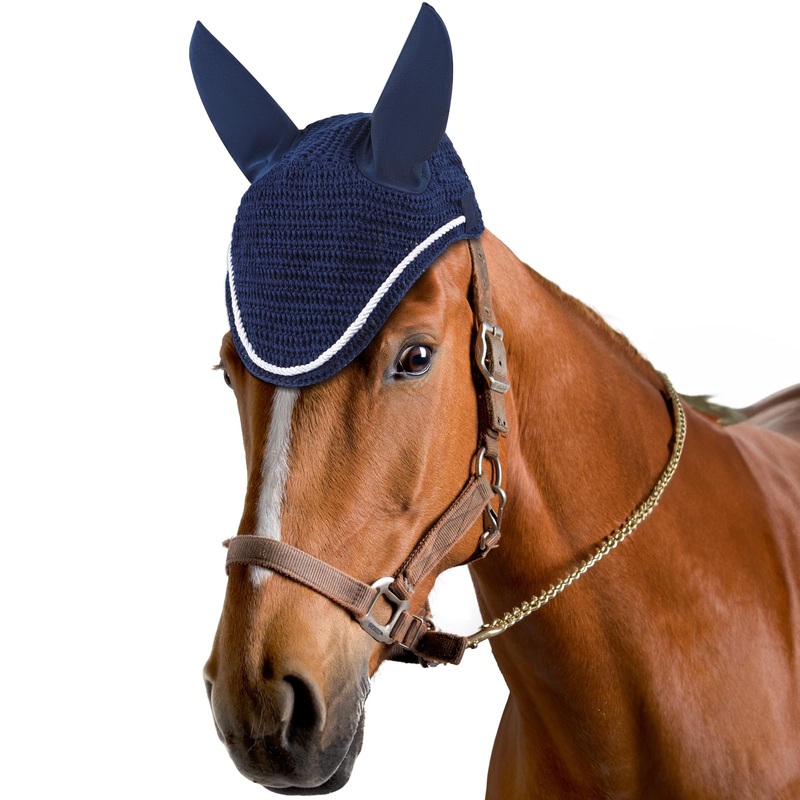 Horse Ear Bonnet – Crochet Fly Veil Silent Ear Net Crochet Bonnet with Neoprene Ear Covers Blue Horse Full Size