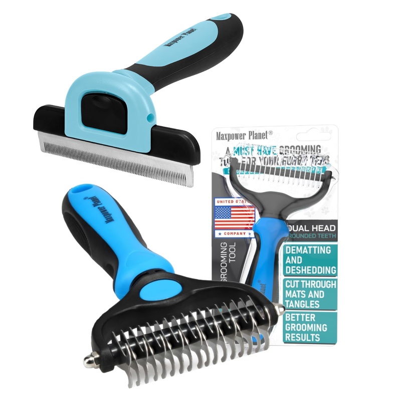 Maxpower Planet Dog Grooming Rake and Blue Deshedding Tool – Double-Sided Dermatting Brush and Grooming Brush for Pets