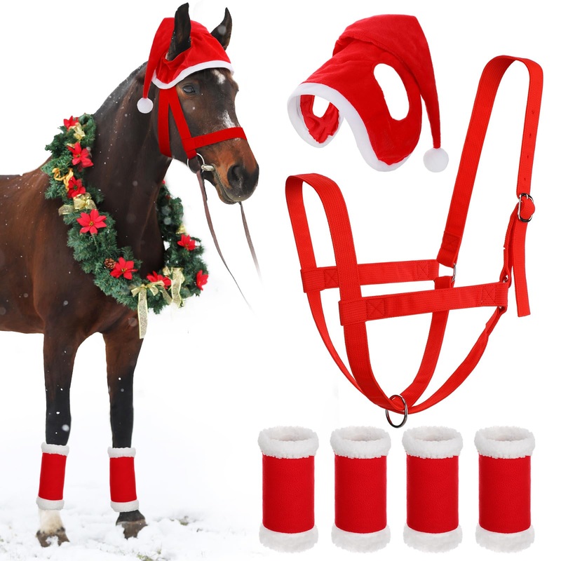 Paterr 6 Pcs Christmas Horse Accessory Includes 4 Pcs Leg Wraps with Faux Fur Trim Holiday Santa Hat Adjustable Nylon Halters for Christmas Horse Costume Accessories