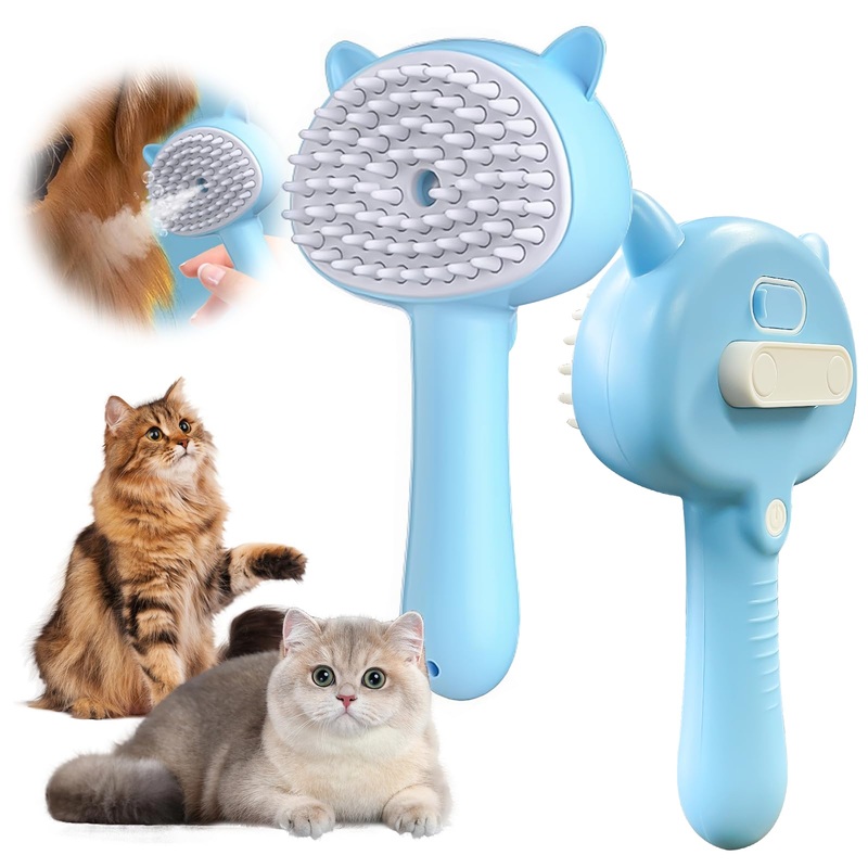 Pet Steam Spray Brush, 4-in-1 Steam Cat Brush with Handle, Rubber Pet Spray Brush, Rubber Pet Spray Brush with Release Button, Dog Comb with Longhair & Shorthair Cat & Dog Cleaner (Blue) Blue