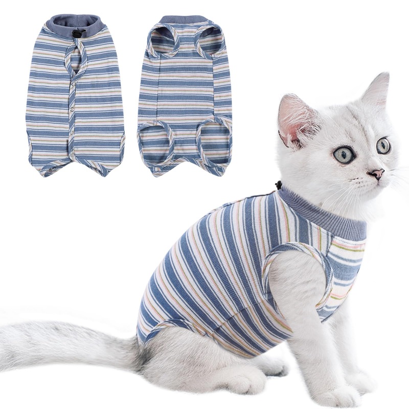 Queenmore Cat Recovery Suit,Cat Suit for Cats After Surgery Female,Featured Striped Post-Surgery Bodysuit,Cat Surgery Recovery Suit Female Cone of Shame Alternative for Cats Anti Licking(Blue,L) Large Blue
