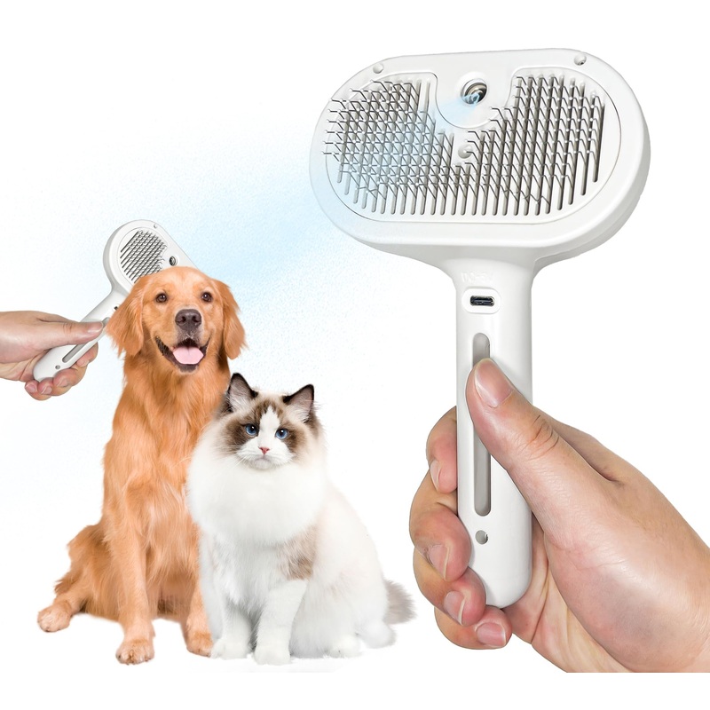 Self-Cleaning Cat Brush for Shedding – Removes Static Flying Hair – Works for Long and Short-Haired Pets – 2 in 1 Pet Steam Brush for Cats and Dogs Grooming (White) White