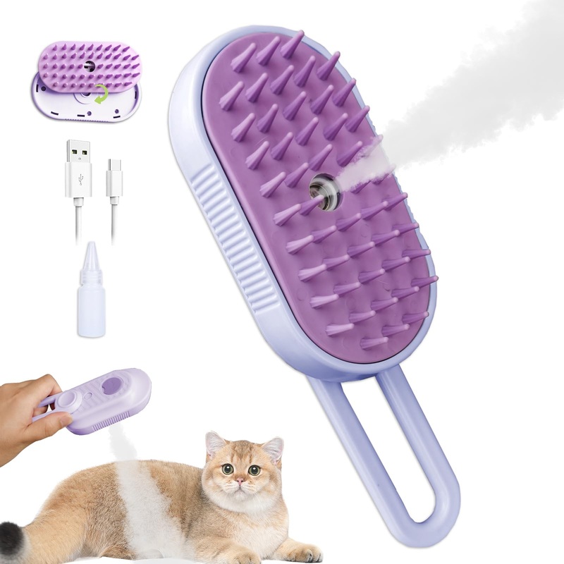 Steam Brush for Cats Dog Fur Misting Brush Rabbit Brush for Shedding Grooming with Charging Cable and Collapsible Handle ALD-002-P (Purple) PURPLE