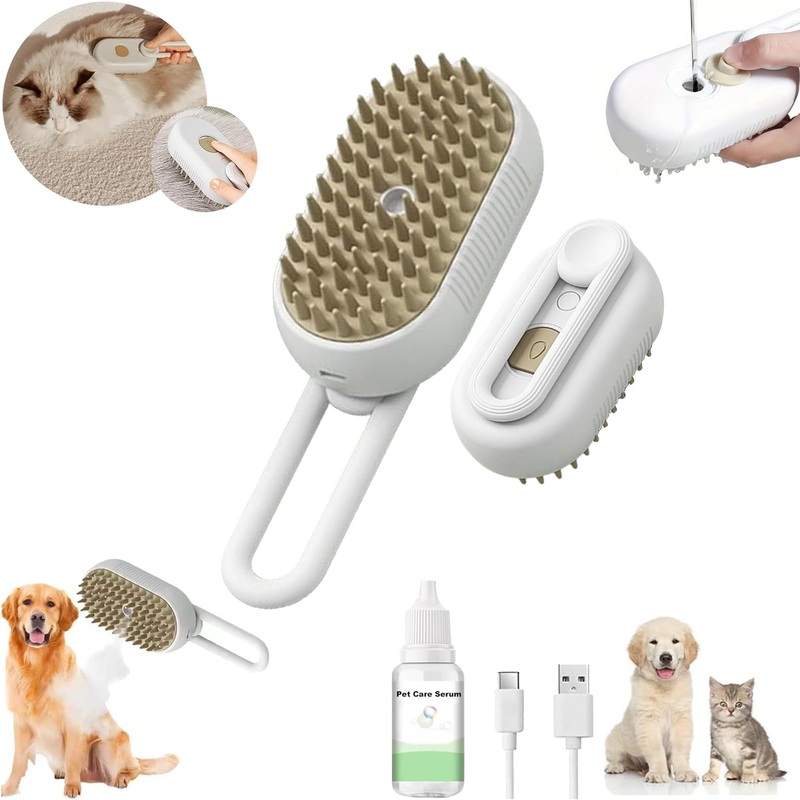 Steamy Cat Brush – Upgraded 3 In1 Cat Steamy Brush, Self Cleaning Steam Cat Brush for Massage, Rechargeable Silicone Steam Pet Brush for Removing Tangled And Loosse Hair (White)