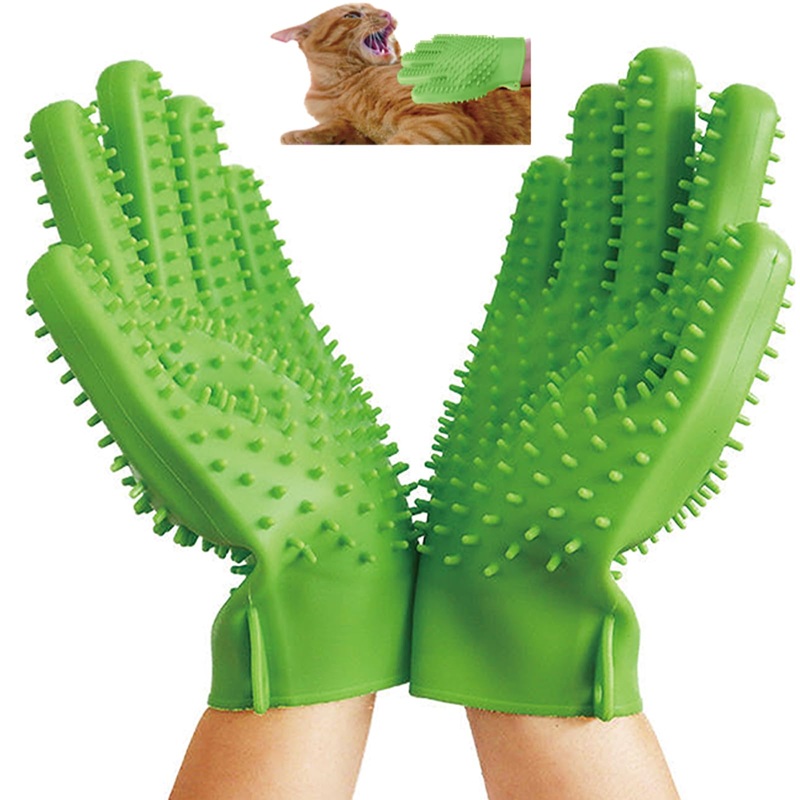 YOFANG Cat Gloves Bite Proof Pet Grooming Gloves for Dogs and Cats/Pet Cat Feeding Gloves, 4-in-1 Washing Dog Gloves and Hair Removal Gloves,Gentle Double-Side Brush Gloves,Green Large Green