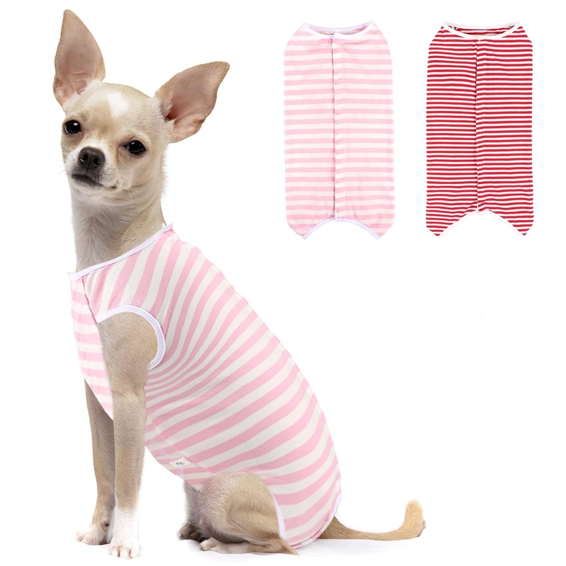 2 Packs Dog Recovery Suit for Surgery Dog Onesie Surgical Clothes Bodysuit for Male and Female Substitute E-Collar& Cone Medium Pink Stripe + Red Stripe