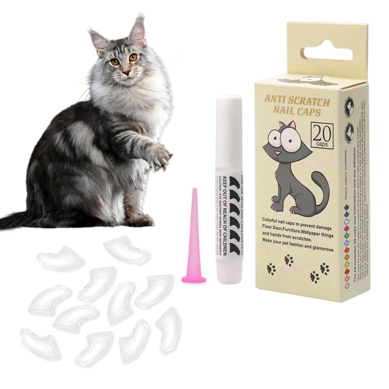 20pcs Cat Nail Caps Clear with Glue Pet Kitten Cat Claw Caps Cat Claw Covers for Indoor Cats (Clear, S)