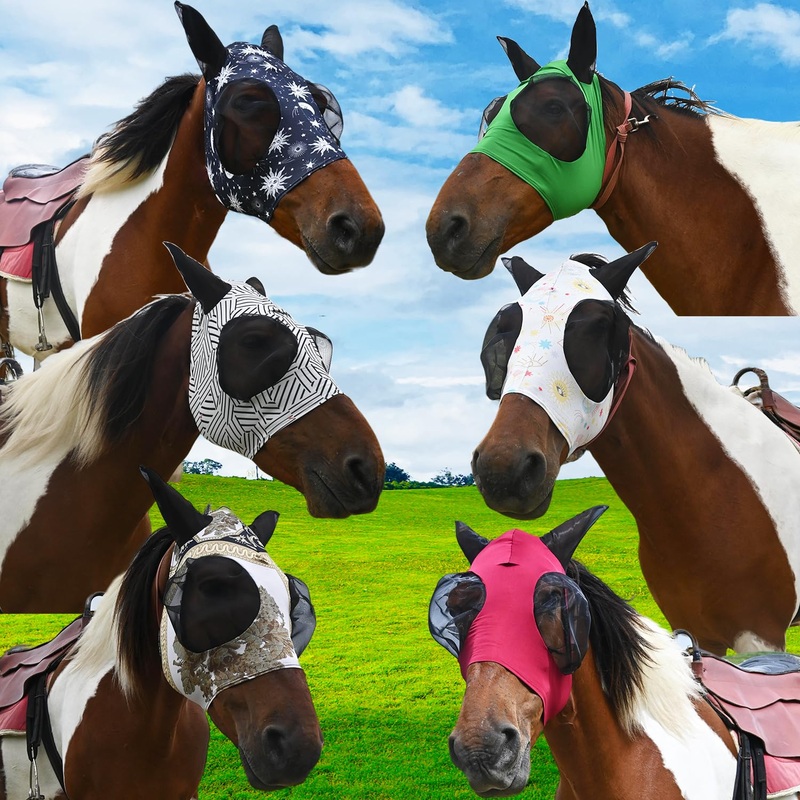 6pcs Super Comfort Fly Marsks for Horses -Horse FlyMask with Ears- Elasticity Fly Mask with UV Protection – L color set 24 L
