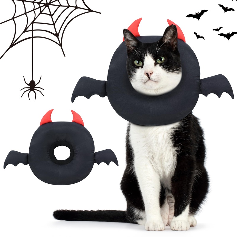 BALAPET Cat Cone, Adjustable Cat Recovery Collar, Gothic Style Soft Cat Collar with Drawstrings, Prevent Licking and Scratching After Surgery for Kittens,Halloween Pet Decoration(L) 11.5*11.5*1.5in