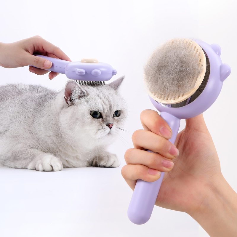 Cat Brush with Release Button, Cat Grooming Brush for Long or Short Haired Cats, Self Cleaning Slicker Brushes Removes Loose Undercoat, Hair Slicker Brush for Pet Massage (Purple) Purple