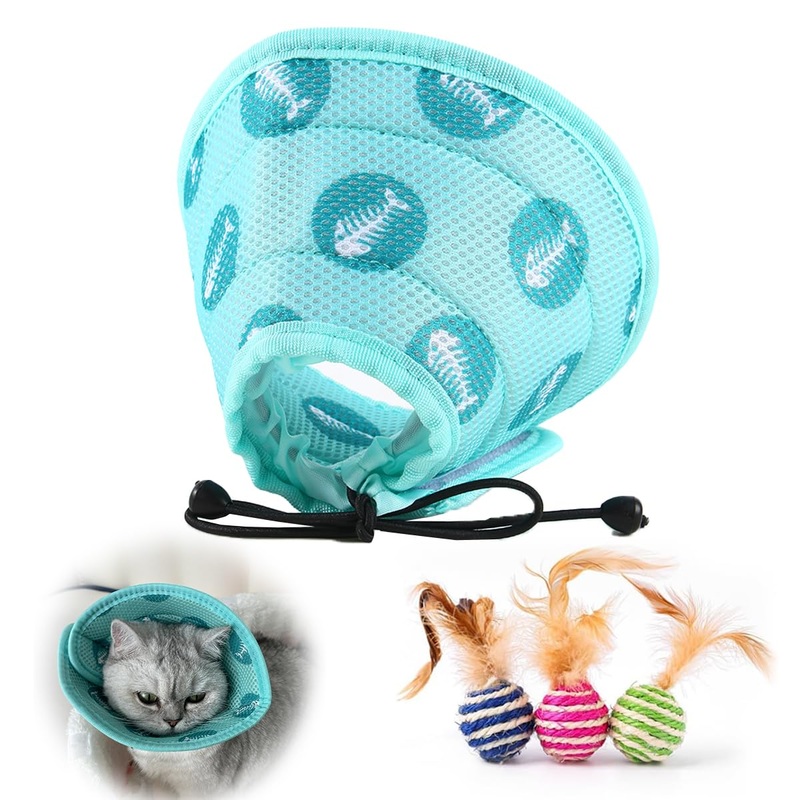 Cat Cone Collar Soft to Stop Licking and Scratching Adjustable Kitten Cone with Cat Toy Balls – Cat Recovery Collar for Small Large Cats After Surgery and Daily Wear (GreenM) GreenM
