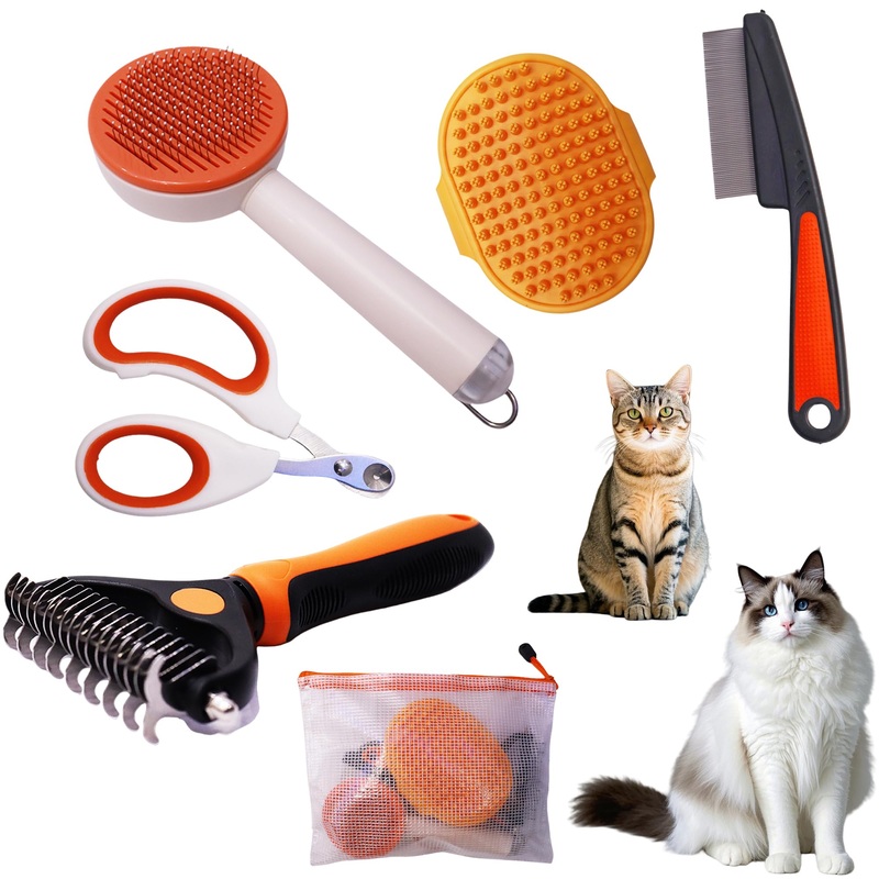 Cat grooming kit,5pcs Deshedding Brush for Cat with Kitten Nail Clipper,Cat Brush,Flea Comb and Bath Brush,Suitable for Short and Long Haired Cats,Indoor Cats and Travel,Orange