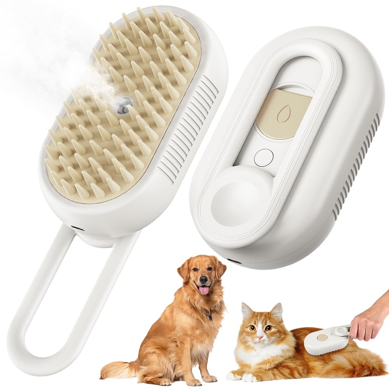 Cat Steam Brush, 2025 Upgraded 3 in 1 Pet Steam Brush for Massaging and Cleaning Shedding (White)