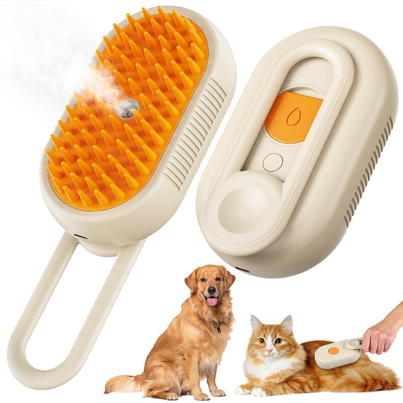 Cat Steam Brush for Shedding, 3 In 1 Pet Steam Brush for Cats Dogs Shedding Brush Grooming Brush, Rechargeable Steam Cat Brushes for Indoor Cats Dogs Massage, Grooming and Removing Loose Hair (Khaki)