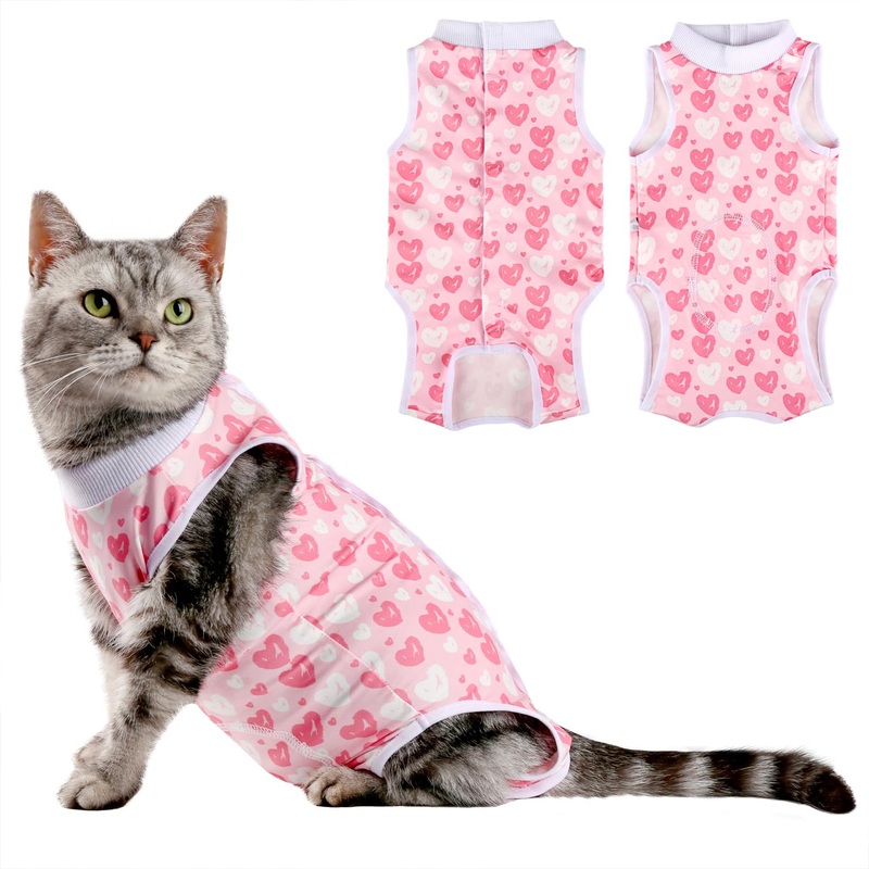 Cat Surgery Recovery Suit Small Dog Surgical Recovery Onesie Pet After Surgery Wear for Female Male Cat Doggy Pink Heart/Large L(Back Length:13.3″/34cm; Chest:16.3″/41cm