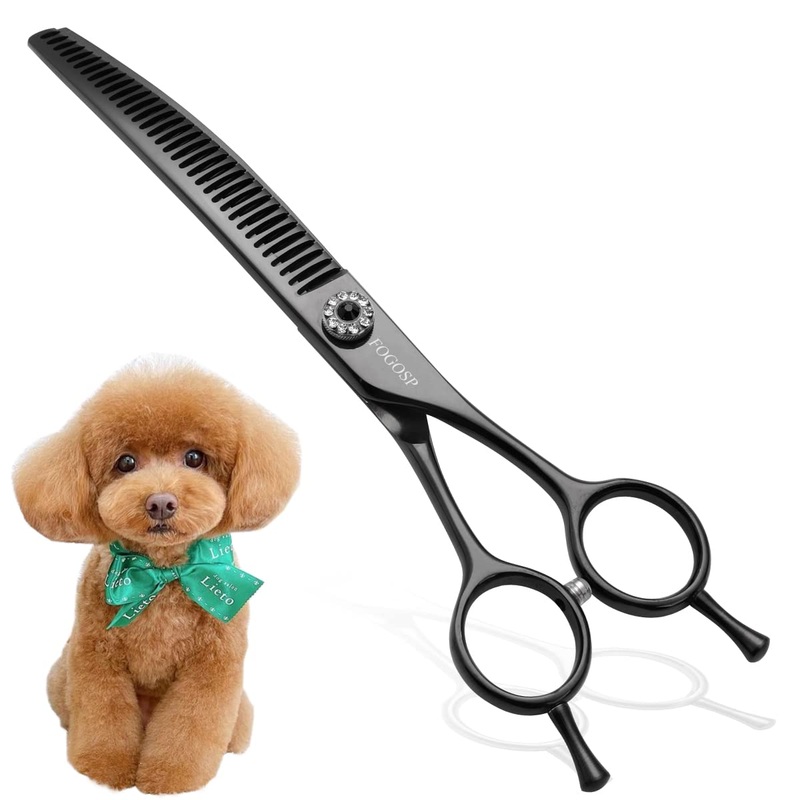 Curved Thinning Shears 7” Chunker Shears Japan 440C Stainless Steel Professional Dog Scissors for Grooming Small Medium Pet 75% Thinning Rate(BLACK) Black