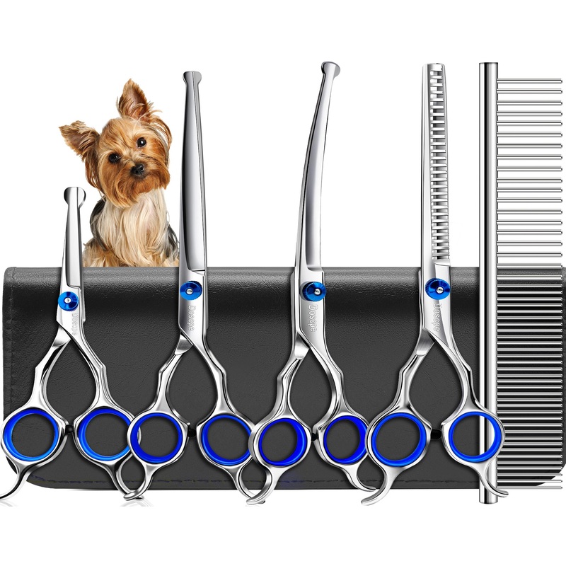 Dog Grooming Scissors Set with Safety Round Tip Dog Grooming Shears Stainless Steel Professional 6 in 1 Pet Grooming Scissor for Dog Cat Other Animals Hair Cutting Trimming Right Left Handed