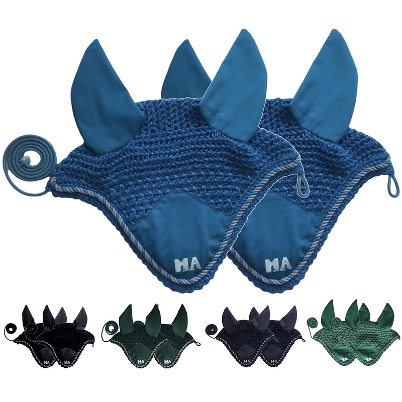 Majestic Ally Handcrafted Crochet Fly Veil Set – Includes 2 Pieces with Ear Nets and Braided Rope for Horses (Hurricane Blue) Hurricane Blue