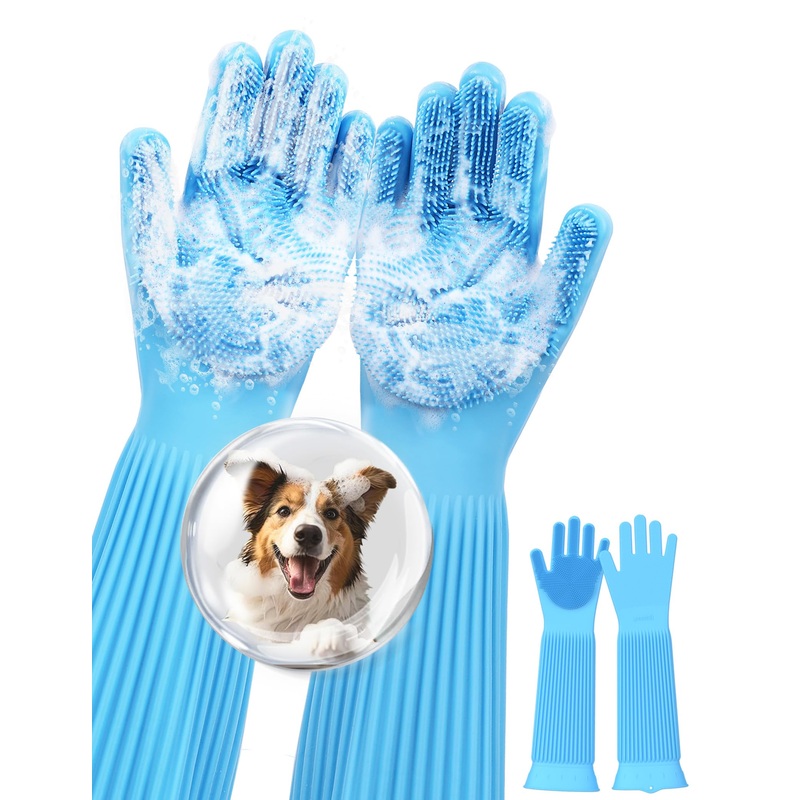 Pecute Extended Pet Grooming Gloves, Heat Resistant Cat Bathing Gloves with High-Density Teeth, Silicone Dog Bathing Gloves with Enhanced Five Finger Design, for Washing, Bathing, and Massaging Medium Blue–Extended