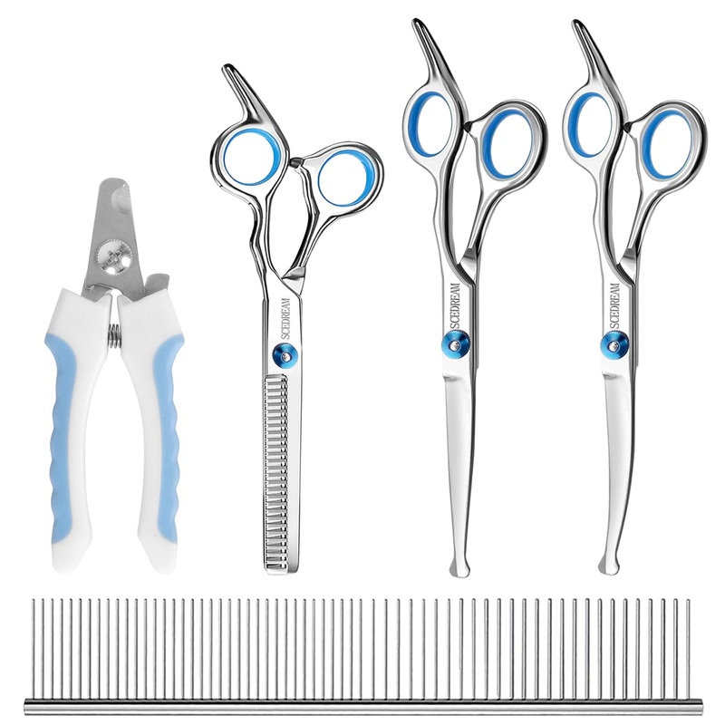 Professional Dog Grooming Scissors with Safety Round Tips, 5 in 1 Dog Grooming Scissors Kit, 4CR Stainless Steel Professional Pet Grooming Shears for Dogs/Cats, Sharp and Durable, Blue