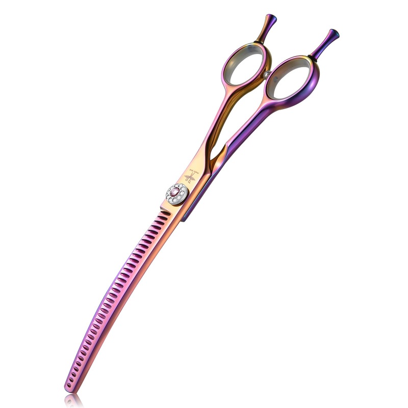 PURPLEBIRD Curved Shears Dog Grooming Chunkers, 7 inch Professional Thinning Scissors Safety Blunt Tip Trimming Scissors for Dogs Cats Face Paws Limbs Japanese Stainless Steel (Multicolor) Multicolor Chunker