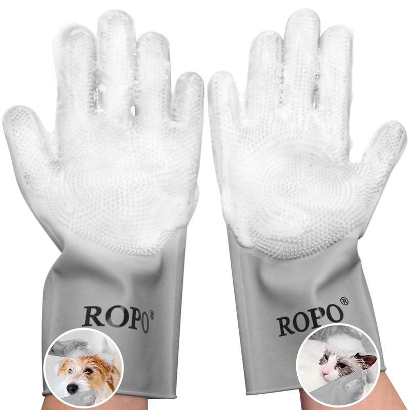 ROPO silicone gloves for pet grooming, multi-functional gloves for pet hair shedding, bathing, and massage (Grey) Grey
