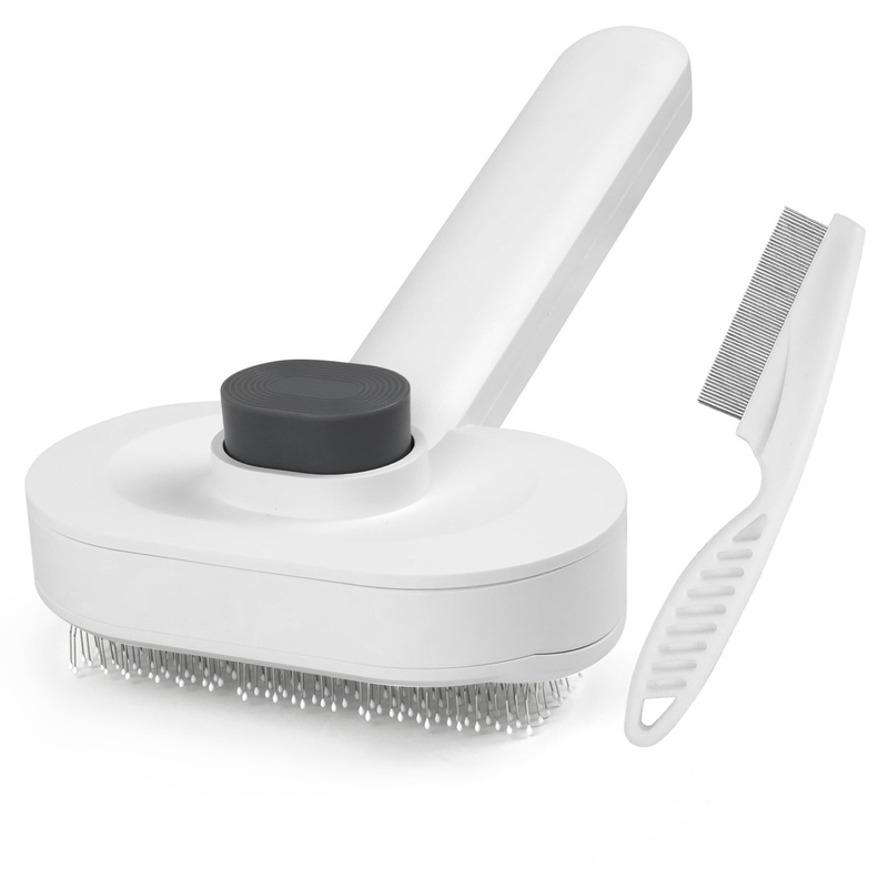 Self Cleaning Slicker Brush for Dogs & Cats – 2-in-1 Pet Grooming Tool with Flea Comb & Storage Box, Gentle Deshedding Brush for Long/Short Hair,White