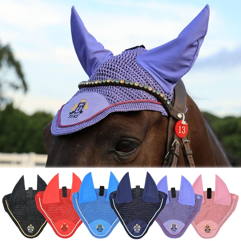 T TEKE Gorgeous Horse Ear Bonnet, 68% Viscose + 32% Acrylic Hand Crocheted mesh with Stylish Piping, Spandex Ears Horse (12-15.3HH) Blue