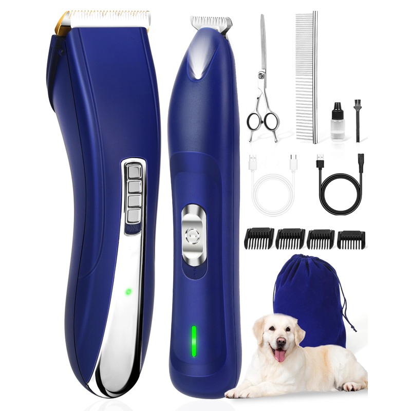 2 in 1 Dog Grooming Kit, Low Noise Dog Clippers for Thick Heavy Coats, Professional Cordless Dog Paw Trimmer with LED Light, USB Rechargeable Pet Hair Shaver for Small & Large Dogs Cats Pets