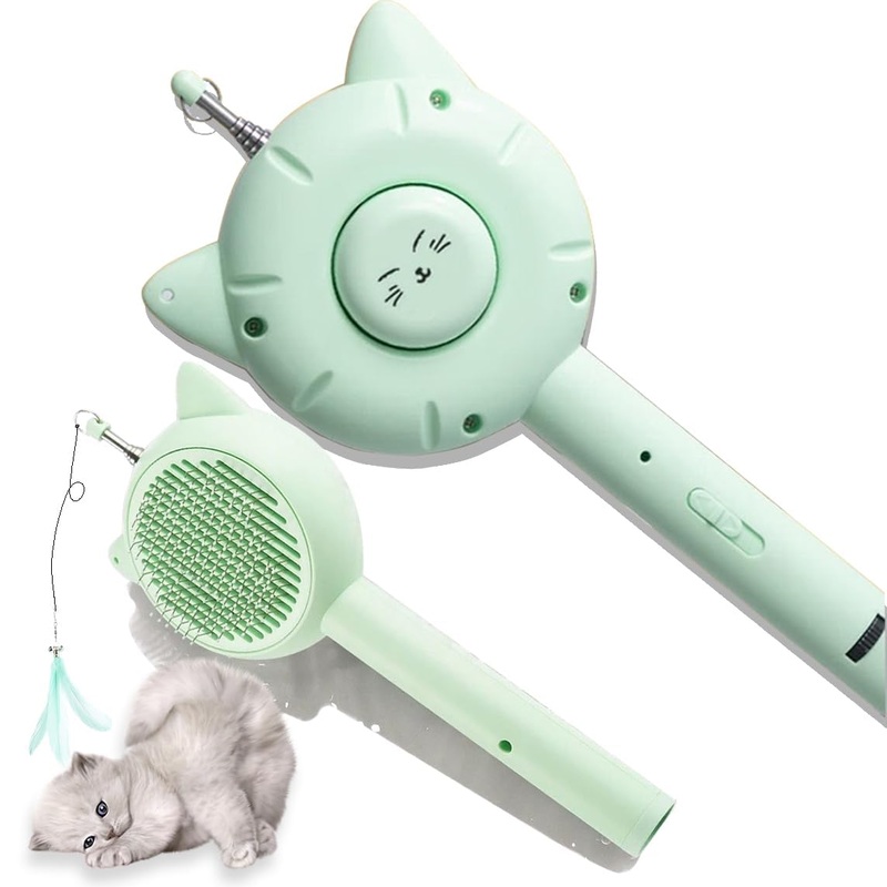 3-in-1 Cat Hair Brush & Interactive Mice Toys & Cat Wand Toy Retractable, USB Rechargeable With Release Button Green