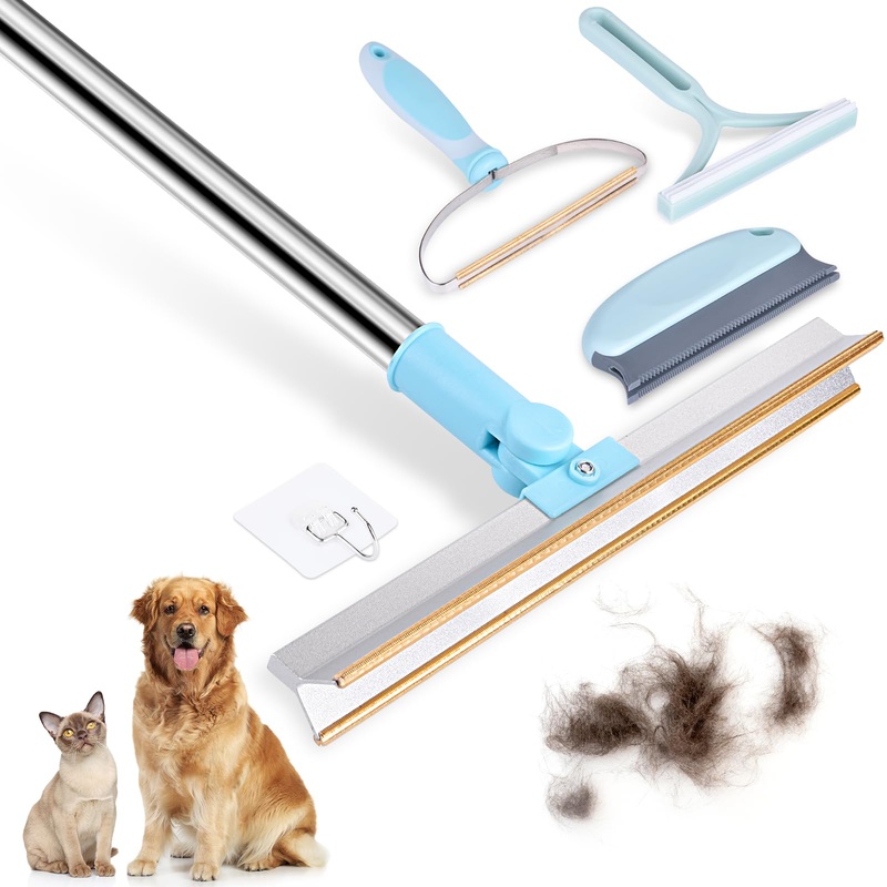4 Packs Pet Hair Remover Set, Retractable Carpet Scraper Rake, 180Rotating Dog Shedding Cleaner ToolExtra-Wide & Metal Edge of Pet Hair Remover for Embedded Fur Removal from Carpet,Stair Blue