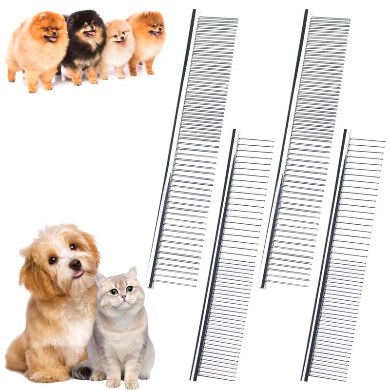 4 PCS Stainless-Steel Comb Dog Combs for Knots, Mats & Loose Hair Removal – Effective Dematting Tool, Comfortable, Lightweight, Portable & Safe for Dogs, Cats & Pets