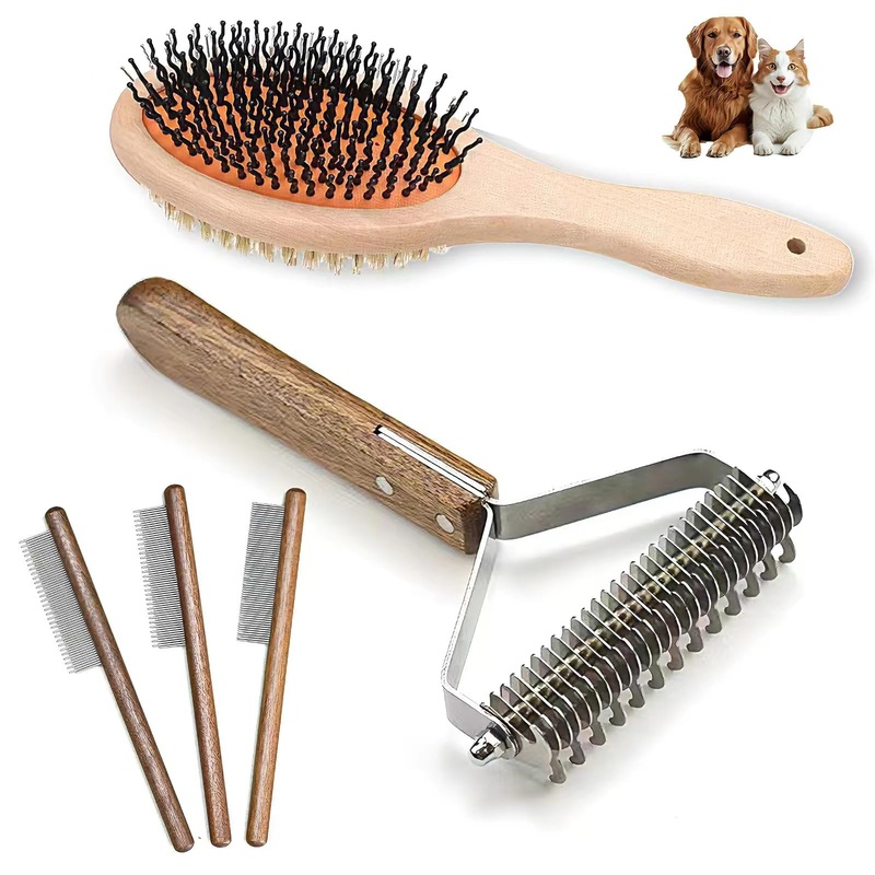5-piece pet grooming set – solid wood hair removal brush with metal comb – hair removal comb, smoothing brush, and steel comb, used for combing and removing long and tangled hair on cats and dogs brown