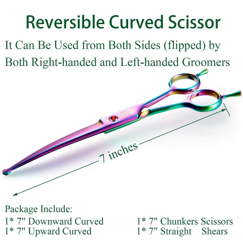 7″ Dog Grooming Scissors Set, Reversible Trimming Thinning Chunkers, Curved, Straight Cat Pet Hair Cutting Shears with Safety Rounded Tip for Grooming Full Body, Professional Quality, Multi-colored Chunker Set-multicolor-rounded Tip