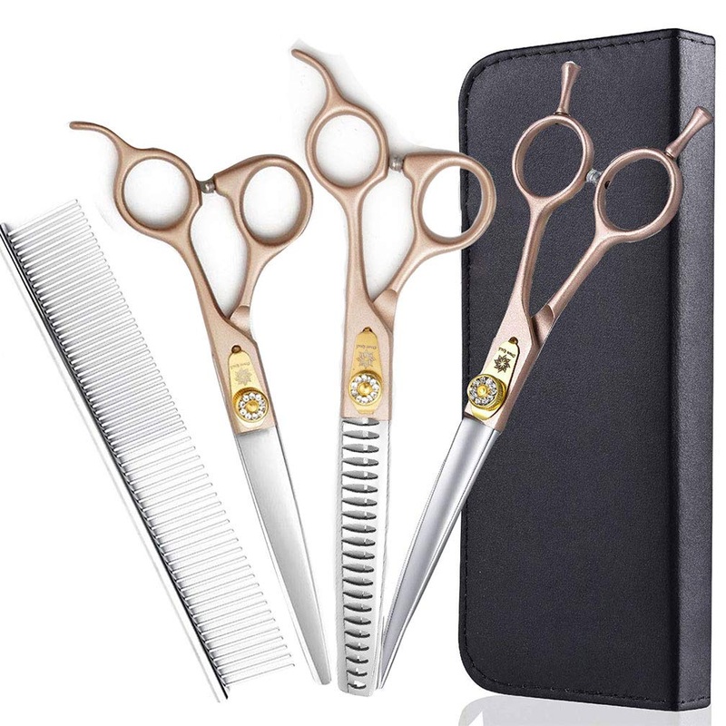 7 Inch Professional Pet Grooming Scissor, 440C Japanese Steel Straight & Curved & Thinning & Chunker Shears/Scissors for Dog Cat and More Pets (7-inch-Grooming Scissors Set 02) 7-inch-grooming Scissors Set 02