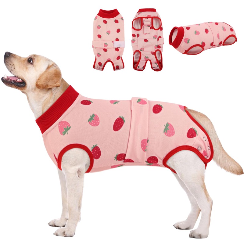 AOFITEE Dog Recovery Suit, Dog Surgical Recovery Suit for Female Dogs Male Dogs, Cozy Dog Onesie for Surgery, Cone E-Collar Alternative, Anti Licking Dog Surgical Shirt with Pee Hole, Strawberry 2XL XX-Large Pink Strawberry