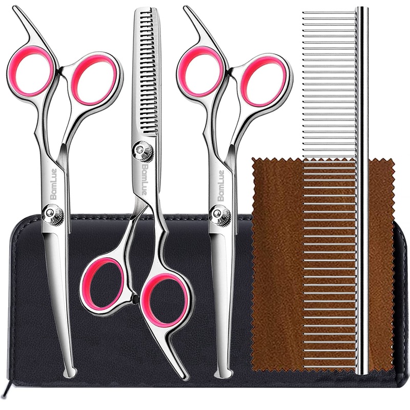 Bamlue 6 in 1 Professional Stainless Steel 4CR Safety Round Tip Dog Grooming Scissors, Anti-Rust Shears Cat Grooming Scissors Pet Kit, Thinning Straight Comb for Long Short Hair-Pink Pink