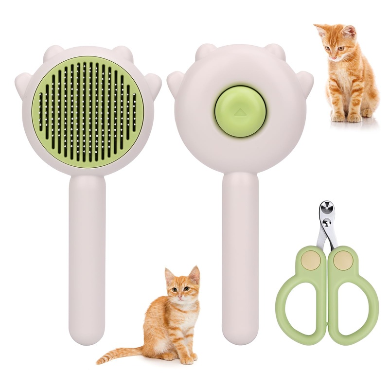 Cat Hair Cleaner Brush, Self-Cleaning Pet Brush with Release Button, Circular Cut Hole Nail Clippers for Indoor Cats (Green) Green