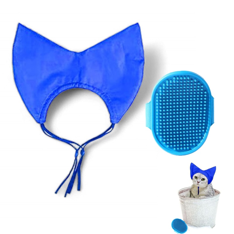 Cat Shower Cap and Bath Brush set, Cat Ear Cover and Grooming Bathing Brush for Cats Puppy Small Dogs, Cat Ear Protection Stuff, Small Dog Cat Bathing Supplies, Pet Accessories (Blue) Blue