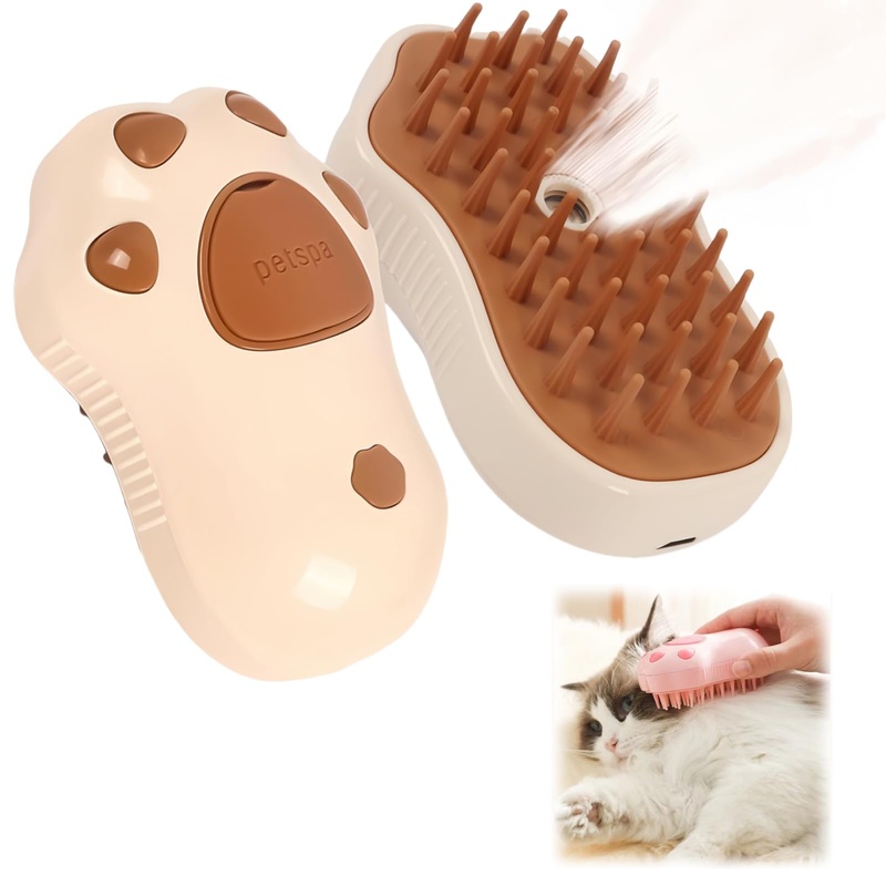 Cat Steam Brush, 3 in 1 Steamy Pet Brushes with Silicone Bristles, Steamy Brush for Shedding, Massage, Grooming, Cleaning, Pet Hair Brushes, Spritz Defur Comb For Cats & Dogs CAT CLAW-BROWN