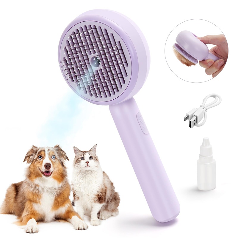 Cat Steam Brush, Anti-static Steamy Pet Brush with Release Button and 30ml Tank, Rechargeable Self-cleaning Cat Steamy Brush for Loose Hair Cat, Dog for IndoorPurple