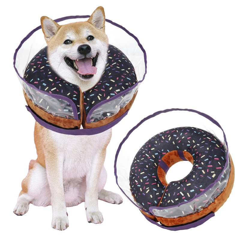 Dog Cone,Inflatable Dog Cone for Small, Medium and Large Dogs, Soft Cone for Dogs After Surgery with Adjustable Buckle and Cute Pattern to Stop Licking and Biting Wounds – L(Neck 12″-18″) Brown