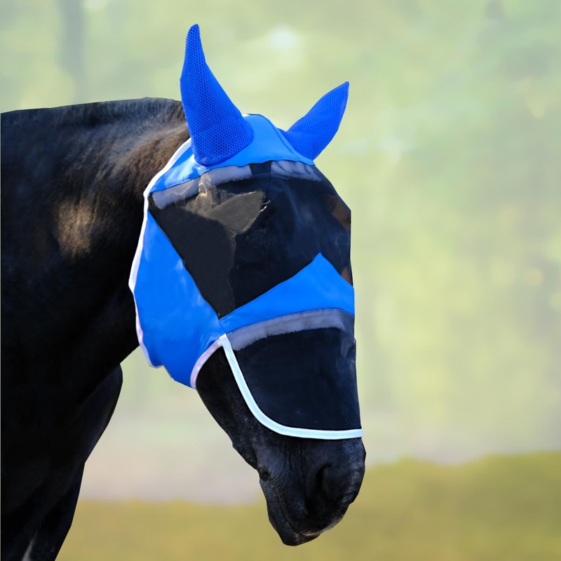 Fly Masks for Horses Fly mask with Ears and Long Nose UV Protection Horse (Bule, (Pony) Small) Bule (Pony )Small