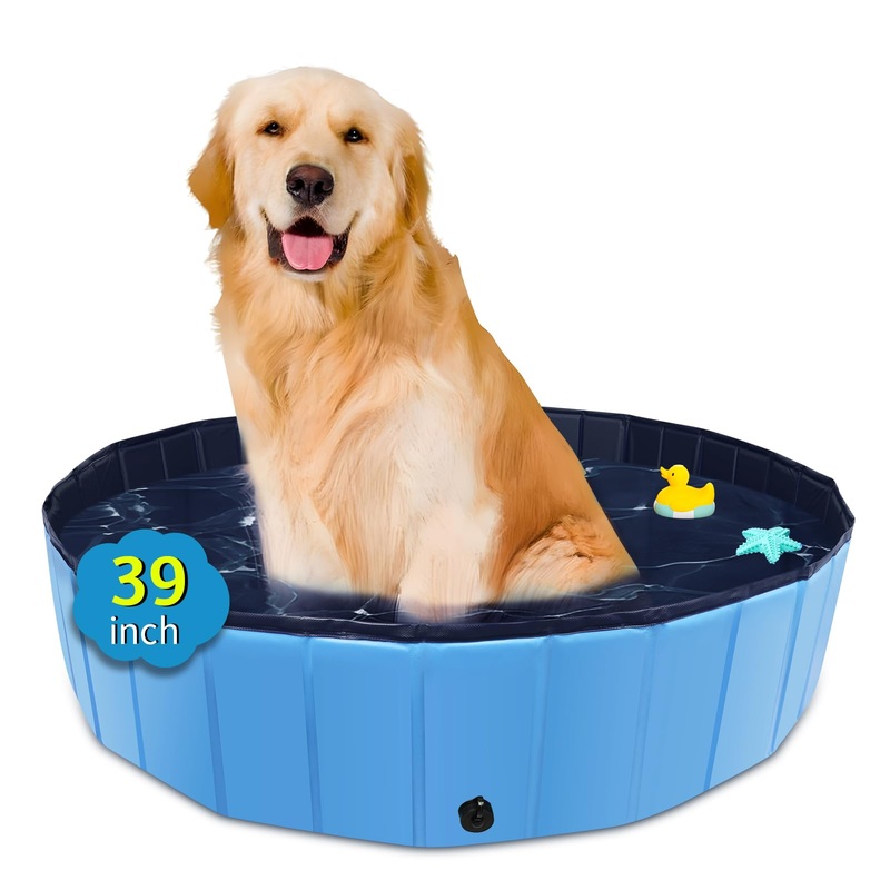 Foldable Dog Pool, 39″ x 12″ Kiddie Pool with Hard Plastic, Non-Slip Dog Bath Tub for Outdoor Backyard, Collapsible Dog Swimming Pool for Kids Dogs Pets (Blue) Blue 39″